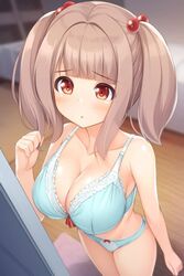 :o artist_name artist_request big_breasts blue_bra blue_panties blush blushed brown_hair character_name lenceria lingerie original_character pigtails red_eyes twintails white_skin