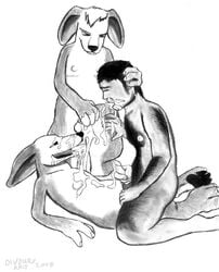 amateur_art ambiguous_species anal anal_sex animal_humanoid anthro anthro_dominating_human balls big_feet black_nose black_soles bodily_fluids body_hair chest_hair cowgirl_position cum cum_drip cum_feeding cum_in_mouth cum_inside cum_on_balls cum_on_chest cum_on_face cum_on_stomach cum_on_tongue dark_hair digitigrade divdurvart drinking drinking_cum dripping ejaculation ejaculation_while_penetrated feet from_front_position genital_fluids genitals group group_sex hairy_arms hairy_stomach hand_on_head hindpaw holding_head human human_penetrated humanoid humanoid_genitalia interspecies kneeling long_ears lying male male/male mammal mammal_humanoid masturbation on_back on_bottom on_top open_mouth paws penetration reach_around riding sex simple_background threesome toes tongue tongue_out trio white_background