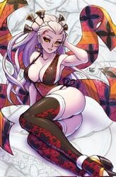 big_ass big_breasts bubble_butt cleavage daki_(kimetsu_no_yaiba) demon_girl demon_slayer facial_markings female female_only hair_ornament hand_on_head kimetsu_no_yaiba leadapprentice lingerie looking_at_viewer makeup obi pale-skinned_female pale_skin platform_footwear ponytail revealing_clothes side-tie_panties sideboob smile solo stirrup_legwear thighhighs tied_hair veins white_hair yellow_eyes