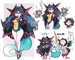 2girls 5:4_aspect_ratio anthropomorphization black_eyes breasts dragapult female ghost gloria_(pokemon) high_resolution long_hair mato_tsuyoi medium_breasts milf mother multiple_girls pokemon pokemon_(game) pokemon_ss tail thick_thighs thighs translated wide_hips yellow_sclera