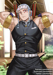 alternate_version_available armbands armlet armpits arms_up bara demon_slayer detailed_background fully_clothed gold_(metal) headband headgear headwear jewelry kienbiu kimetsu_no_yaiba looking_at_viewer male male_only muscular muscular_male ponytail red_eyes sleeveless solo solo_male uniform uzui_tengen white_hair