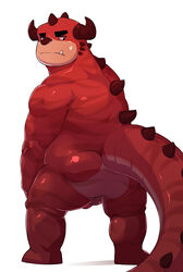 1boy 2020s 2021 absurd_res anthro ass balls biped bodily_fluids gay genitals hi_res kemono male male_only monster musclegut orangetaming paramount+ paramount_animation penis red_body reel_fx_animation rumble_(film) simple_background solo steve_(rumble) sweat testicles white_background