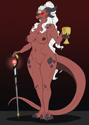 anthro breasts claws dragon fangs female genitals glowing glowing_eyes hair hi_res horn mature_female misstake_mushroom multicolored_body nipple_piercing nipples open_mouth open_smile piercing pussy red_body red_eyes scalie simple_background smile solo tongue two_tone_body western_dragon white_hair