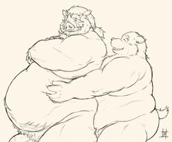 2021 anthro belly duo embrace genitals hi_res hug hugging_from_behind humanoid_hands kemono male male/male mammal mature_male moobs obese obese_male overweight overweight_male penis pochizizi simple_background suid suina sus_(pig) ursid wild_boar