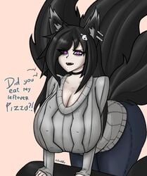 arms_under_breasts beetlebug big_breasts black_fur black_hair choker cleavage ear_piercing fox_ears fox_tail fox_tails goth hair_covering_eye hair_pin hanging_breasts jeans kemonomimi kitsune large_breasts large_thighs leaning_forward leaning_on_object long_hair long_sleeves looking_at_viewer neckband nirya_(beetlebug) open_mouth purple_eyes sweater talking_to_viewer text