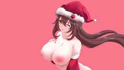 1girls arched_back areola areolae ass bangs bare_shoulders big_breasts breasts brown_hair christmas collarbone female genshin_impact hair_between_eyes hand_on_breast hu_tao_(genshin_impact) huge_breasts large_breasts leaning_forward long_hair looking_at_viewer naked nipples nude one_eye_closed pink_background plain_background red_eyes santa_hat shoulders simple_background solo toki_to_shishin tongue tongue_out wink yellow_eyes