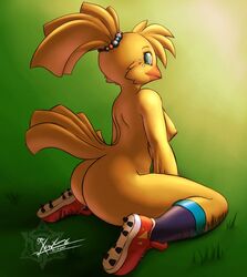 anthro avian beak bird blue_eyes bottomless dat_ass ettie facial_markings fifa fifa_2018 hair_ornament mascot mn_xenx nipple no_bra no_panties sideboob soccer_shoes socks tail_feathers topless yellow_feathers