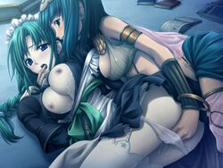 2girls blue_eyes blue_hair blush breasts cleavage eien_no_aselia female fingering game_cg green_hair hand_in_another's_panties hand_in_panties maid multiple_girls nipples open_clothes open_shirt panties panty_pull pussy_juice shirt skirt skirt_lift thighhighs underwear yuri