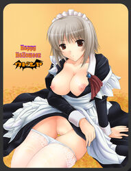 breasts halloween kizuki_aruchu large_breasts maid no_bra no_panties open_clothes open_shirt orange_eyes original panties panty_pull pointy_chin pussy shirt short_hair silver_hair sitting skirt skirt_lift thighhighs uncensored underwear white_panties