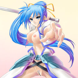 blue_hair breasts levantine long_hair lyrical_nanoha mahou_shoujo_lyrical_nanoha nipples no_panties pubic_hair signum