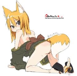 bare_shoulders blonde_hair breasts fox_ear grey_eyes japanese_clothes looking_back no_panties oekaki onija_taro onija_tarou sideboob