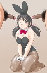 animal_ear breasts bunny bunny_ear bunnygirl bunnysuit censored cfnm cleavage clothed_female_nude_male cum cum_on_body cum_on_leg cum_on_lower_body cum_string facial highres long_hair orange_brand pantyhose penis plump tail tied_hair twintails wink wrist_cuffs