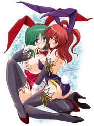 2girls animal_ear breast_grab breasts bunny_ear bunnysuit eiki_shiki female fingering high_heels komachi_onozuka multiple_girls mutual_fingering pussy_juice reverse_noise thighhighs touhou yamu_(reverse_noise) yuri