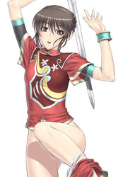 bottomless brown_eyes brown_hair censored chai_xianghua erect_nipples flat_chest kansuke mosaic_censoring panties panties_around_one_leg panty_pull pussy smile soul_calibur sword underwear weapon