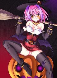 bare_shoulders bat_wings belt black_legwear blush boots bracelet breasts broom censored choker cleavage demon_girl demon_tail dress elbow_gloves facial_mark gloves glowing glowing_eyes gothic halloween hat high_heels jewelry magic_circle multicolored_hair naritaya naughty_face no_panties o-ring_top orange_eyes pink_hair pumpkin purple_hair pussy shoes short_dress short_hair sitting smile solo spread_legs star tail tanuki_yousuke thighhighs two_tone_hair wings witch_hat zettai_ryouiki