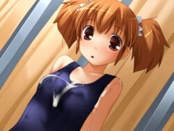 after_sex blue_swimsuit brown_hair cum cum_on_arm cum_on_clothes cum_on_swimsuit curtains exposed_shoulders game_cg hair_tie koyuki_(may_reason) looking_at_viewer may_reason mouth_open one-piece_swimsuit pochi_katou red_eyes school_swimsuit scrunchie short_twintails small_breasts soft_circle_courreges solo swimsuit tied_hair twintails wet_swimsuit white_hair_tie