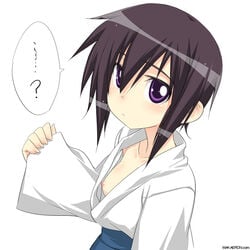 bamboo_blade black_hair down_blouse kawazoe_tamaki makarou nipple_slip nipples pointy_chin purple_eyes short_hair