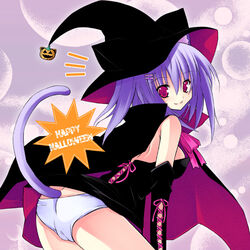 1girls animal_ears breasts cameltoe cape cat_ears clothing female female_only halloween hat kannon_ouji long_hair looking_at_viewer looking_back panties pumpkin purple_hair sideboob tail underwear witch witch_hat