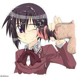 bamboo_blade brown_hair censored cum cum_on_clothes cum_on_hair facial hairjob handjob kawazoe_tamaki makarou penis purple_eyes purple_hair school_uniform serafuku short_hair