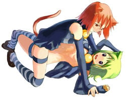 2girls animal_ears arumi bell bell_collar cat_ears collar elbow_gloves eye_contact female footwear garters gloves green_hair hair kneehighs lingerie looking_at_another manika monika multiple_girls socks striped striped_kneehighs striped_legwear striped_socks striped_thighhighs tail thighhighs underwear yuri