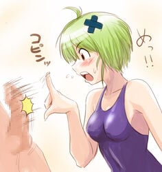 :o ahoge bangs blush bust censored dekopin flicking green_hair hair_ornament hairclip kenkou_zenrakei_suieibu_umishou mosaic mosaic_censoring ninagawa_amuro one-piece one-piece_swimsuit open_mouth penis penis_flicking penis_play pointing profile red_eyes short_hair solo speed_lines surprised sweatdrop swimsuit testicles translation_request umisho