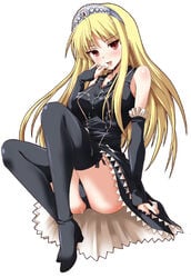 bare_shoulders blonde_hair clothing cum dress elbow_gloves gloves hime_(kaibutsu_oujo) kaibutsu_oujo lilianne long_hair panties pantyshot pussy_juice red_eyes shinshin solo stockings thighhighs tiara underwear