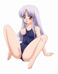 1girls azmaria_hendric barefoot blush breast_slip breasts chrono_crusade erect_nipples feet female high_resolution nipples one_breast_out purple_hair pussy red_eyes simple_background solo spread_legs sugimura_tomokazu swimsuit_aside toes uncensored white_background white_hair