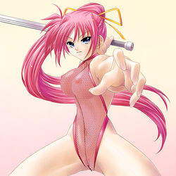 ayato blue_eyes breasts female female_only fishnets levantine long_hair lyrical_nanoha mahou_shoujo_lyrical_nanoha mahou_shoujo_lyrical_nanoha_strikers pink_hair ponytail see-through signum swimsuit sword tied_hair weapon