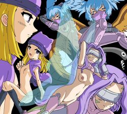 3girls 4_wings armor arms_up bcs blonde_hair blue_eyes blue_hair breasts cute digimon digimon_frontier everyone fairimon fairy fairy_wings fairymon female flat_chest functionally_nude gloves hat highres izumi_orimoto kazemon mask multiple_girls nipples no_bra no_panties nude pink_hair purple_eyes purple_hair pussy shutumon simple_background smile straight_hair uncensored visor visor_(eyewear) wings yuri zephyrmon zoe_orimoto