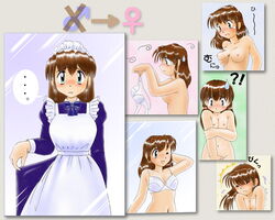 apron blush bra breast_grab breast_squeeze breasts brown_hair cleavage closed_eyes clothing comic covering covering_crotch drop female gender_confusion gender_transformation green_eyes hand_behind_head holding holding_bra lingerie maid maid_headdress maid_uniform mtf_transformation nude pisipisi rule_63 skirt_hold sweatdrop tears transformation underwear uniform wink