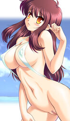 1girls ahoge areola_slip areolae bangs beach bikini_top blush bottomless breasts censored cloud embarrassed female human large_breasts long_hair mosaic_censoring naritaya navel open_mouth orange_eyes original outdoors pink_hair pubic_hair public_nudity pussy sky sling_bikini solo standing swimsuit tanuki_yousuke water white_swimsuit