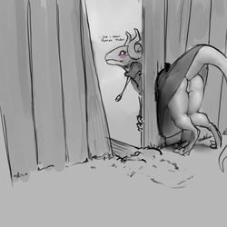 1girls accidental_exposure accidentally_stuck anthro ass black_and_white blush claws clothing dragon english_text exposed exposed_anus exposed_ass exposed_pussy female female_only femsub fence horn large_ass meandraco monochrome no_panties pussy scalie skirt skirt_lift solo stuck stuck_in_fence text through_wall