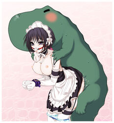 1girls ball_gag bestiality black_hair bondage bound bound_wrists breasts crocodile crocodilian gag gagged highres huge_breasts kore_ga_watashi_no_goshujin-sama maid nipples panty_pull pochi pochi_(kore_ga_watashi_no_goshujin-sama) rape royalwatts sawatari_izumi sex short_hair slave