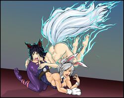 2girls ahri animal_ears bare_shoulders barefoot battle_bunny_riven black_hair blush breasts bunny_ears detached_collar dick_hammersmith facial_mark female fox_ears fox_tail heart highres league_of_legends licking long_hair multi_tail multiple_girls multiple_tails necktie nipples nude pantyhose red_eyes riven saliva short_hair smile tail the_grind_series tongue top-down_bottom-up torn_clothes torn_pantyhose whisker_markings white_hair yellow_eyes yuri