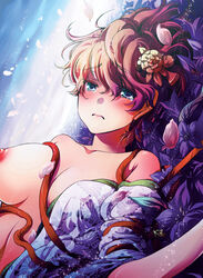 blue_eyes blush breasts brown_hair code_geass female flower hair_ornament japanese_clothes kimono kururugi_suzaku lying nipples rule_63 short_hair solo suzako teshio_alf