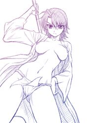 bokken breasts from_below fundoshi hand_on_hip hattori_junko hips ichiban_ushiro_no_daimaou misnon_the_great monochrome navel open_clothes open_robe short_hair sketch sword thong weapon wooden_sword