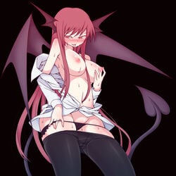 1girls al_bhed_eyes black_background black_legwear blush breasts demon_girl demon_tail demon_wings female gyo head_wings koakuma long_hair mound_of_venus navel nipples off_shoulder panties pantyhose posing presenting red_eyes red_hair shirt solo succubus sweat tail the_embodiment_of_scarlet_devil tongue touhou underwear wings