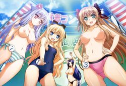 4girls blush breasts female hairbow human kiriya_nozomi mayoi_neko_overrun! multiple_females multiple_girls nipple_bulge nipples open_mouth serizawa_fumino topless tsuzuki_otome umenomori_chise