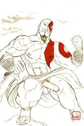 1boy bara facial_hair front_view god_of_war huge_muscles human kaeworld kratos male male_only monochrome muscle penis solo tagme testicles