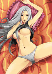 alter-22 breasts female final_fantasy final_fantasy_vii long_hair looking_at_viewer lying navel no_bra on_back panties parted_lips rule_63 sephimom sephiroth silver_eyes silver_hair spread_legs tank_top underboob underwear