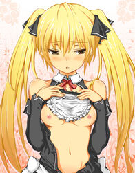 1girls apron_lift aratant bare_shoulders blonde_hair blush bow breasts chiri_(atlanta) detached_sleeves dream_c_club elbow_gloves female gloves hair_ribbon hairbow long_hair looking_away mian_(dream_c_club) navel neck_ribbon nipples open_clothes ribbon solo tied_hair twintails undressing very_long_hair waitress yellow_eyes