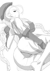 ass beret braid cameltoe cammy_white capcom erect_nipples female female_only fingerless_gloves gloves hair hat human long_hair looking_back maki_daikichi monochrome scar solo straight_hair street_fighter sweat twin_braids