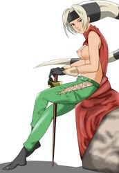 bare_shoulders breasts breasts_out female female_only foxy_(kof) gloves highres human king_of_fighters long_hair midriff navel nipples pants ponytail rapier s580 snk solo sword tied_hair very_long_hair weapon white_hair