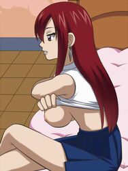 awa breasts brown_eyes earrings erza_scarlet fairy_tail female jewelry legs_crossed long_hair looking_down pleated_skirt profile red_hair sitting skirt sleeveless solo undressing