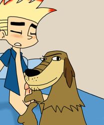 anthro black_eyes blond_hair blush brown_fur candiedhappiness cartoon_network closed_eyes dukey handjob johnny_test johnny_test_(series) looking_at_viewer male_only tagme