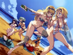 5girls beach bikini black_hair blonde_hair blue_eyes braid breasts cloud clouds echidna_(queen's_blade) elf elf_ears elf_female elina female female_focus female_only green_hair hair_ornament headband irma knife looking_at_viewer pointy_ears queen's_blade red_hair risty sand sea seaside sky smile smiling smiling_at_viewer tan_skin thighs tomoe water watermelon