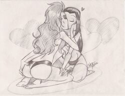 2girls aeolus06 ass ass_grab avatar_the_last_airbender azula bellatrix_lestrange breasts closed_eyes crossover female female_only harry_potter human kissing kneeling monochrome multiple_females panties stockings straight_hair thighhighs thong yuri