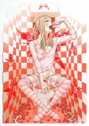 cherry collarbone cream food footwear fruit garters highres kozaki_yuusuke legs no_more_heroes sexually_suggestive socks star striped striped_legwear striped_socks suda_51 sylvia_christel thighhighs toilet tongue