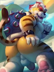 2020 3:4 anthro armband ass backsack balls biceps bowser bracelet brown_stripes claws crouching domestic_cat drawller erection fangs feet felid feline felis finger_claws fur genitals hair hand_on_butt hi_res hybrid jewelry kneeling koopa looking_at_viewer looking_back male male_only mammal mario_(series) meowser multicolored_hair musclegut muscular muscular_anthro muscular_male nintendo nude open_mouth orange_body orange_fur pawpads pecs penis perineum presenting presenting_hindquarters quads raised_tail rear_view red_eyes red_hair scalie sharp_teeth shell solo spiked_armband spiked_bracelet spiked_shell spikes spikes_(anatomy) striped_body striped_fur stripes super_mario_3d_world tabbycat teeth tongue triceps two_tone_hair video_games whiskers white_hair