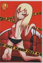 bikini blonde_hair candy caution_tape freckles highres imaizumi_teruhiko jeane_(nmh) lollipop long_hair no_more_heroes red_eyes suda_51 swimsuit topless